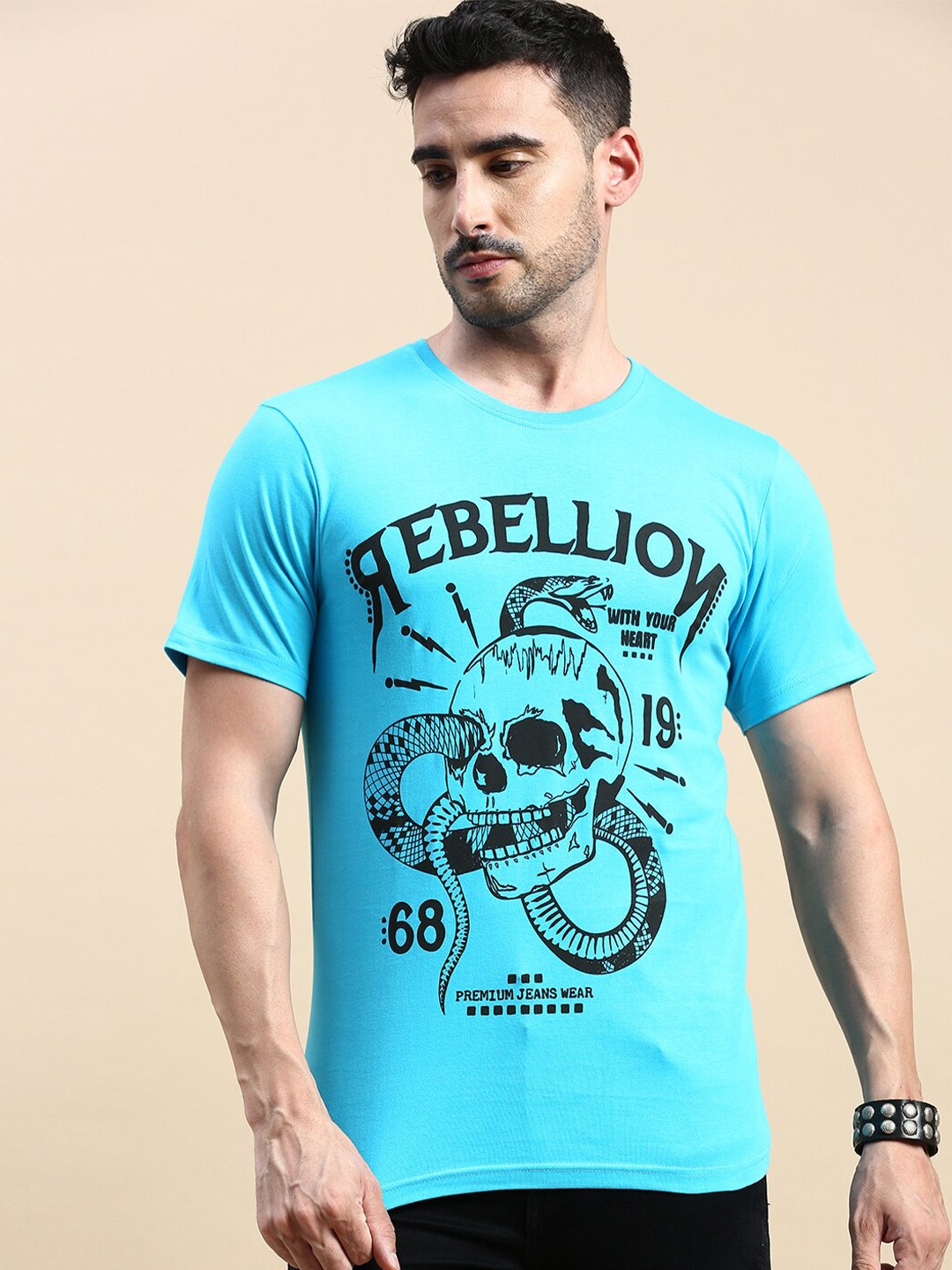 

BLACK RADIO Graphic Printed Pure Cotton T-shirt, Turquoise blue