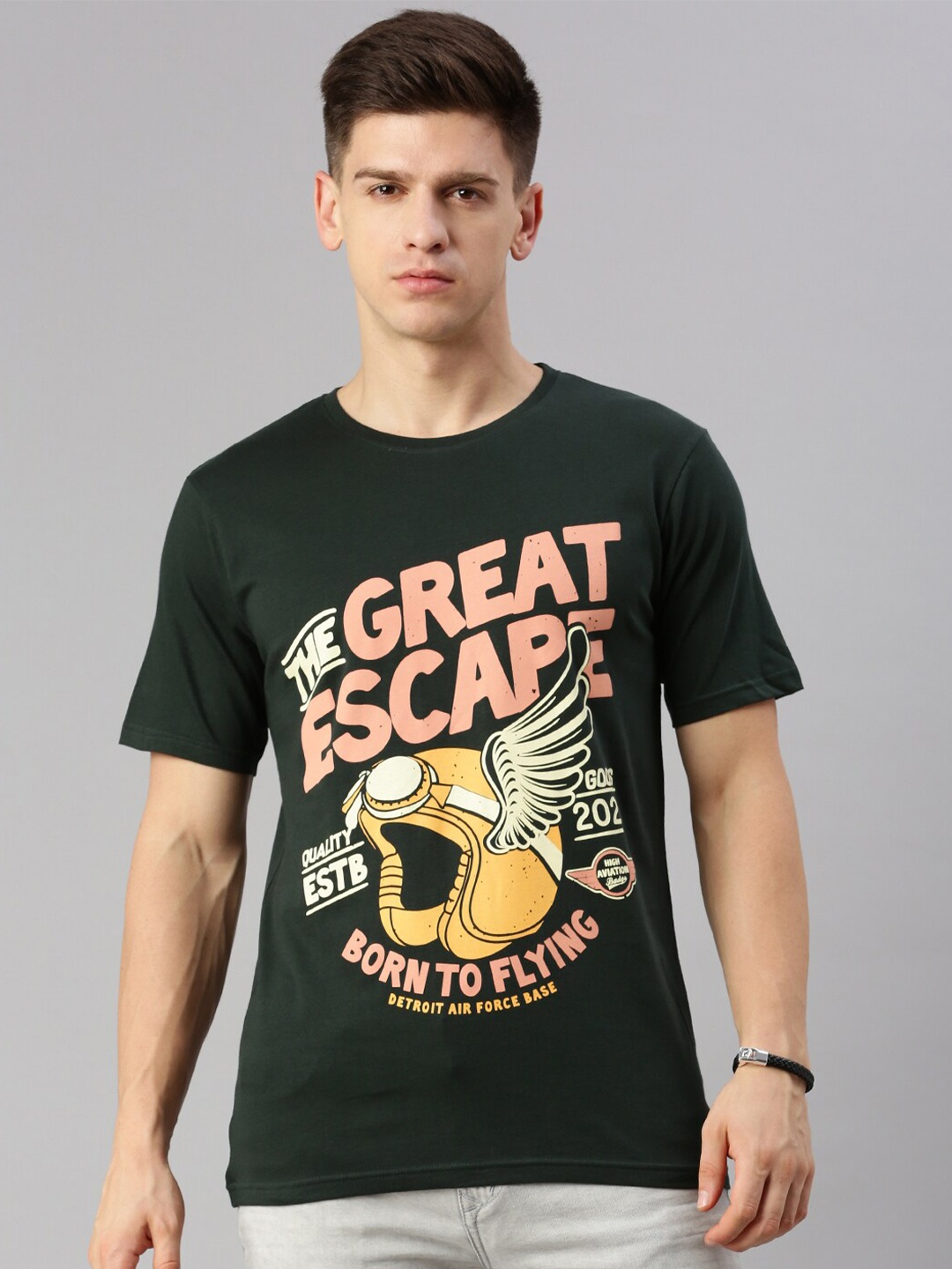 

BLACK RADIO Typography Printed Pure Cotton T-shirt, Green