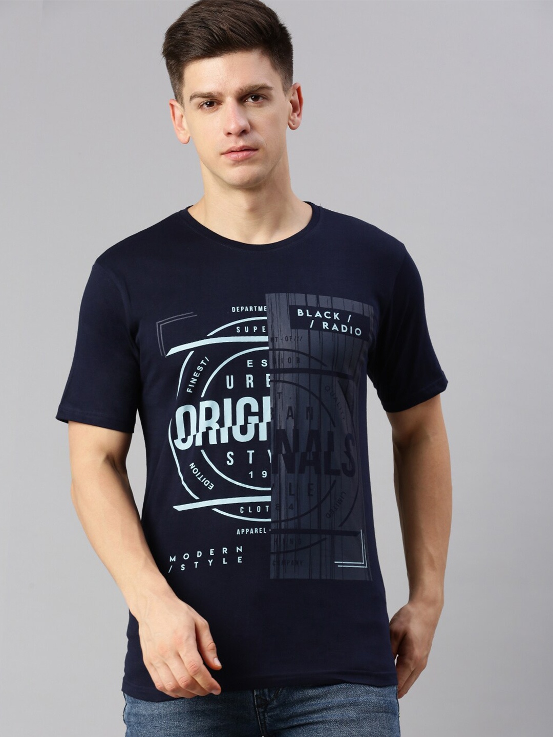 

BLACK RADIO Typography Printed Pure Cotton T-shirt, Navy blue