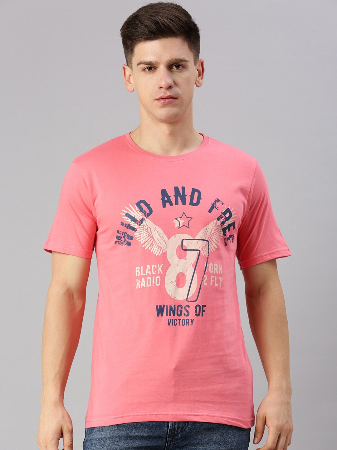 

BLACK RADIO Typography Printed Short Sleeves Pure Cotton T-shirt, Pink