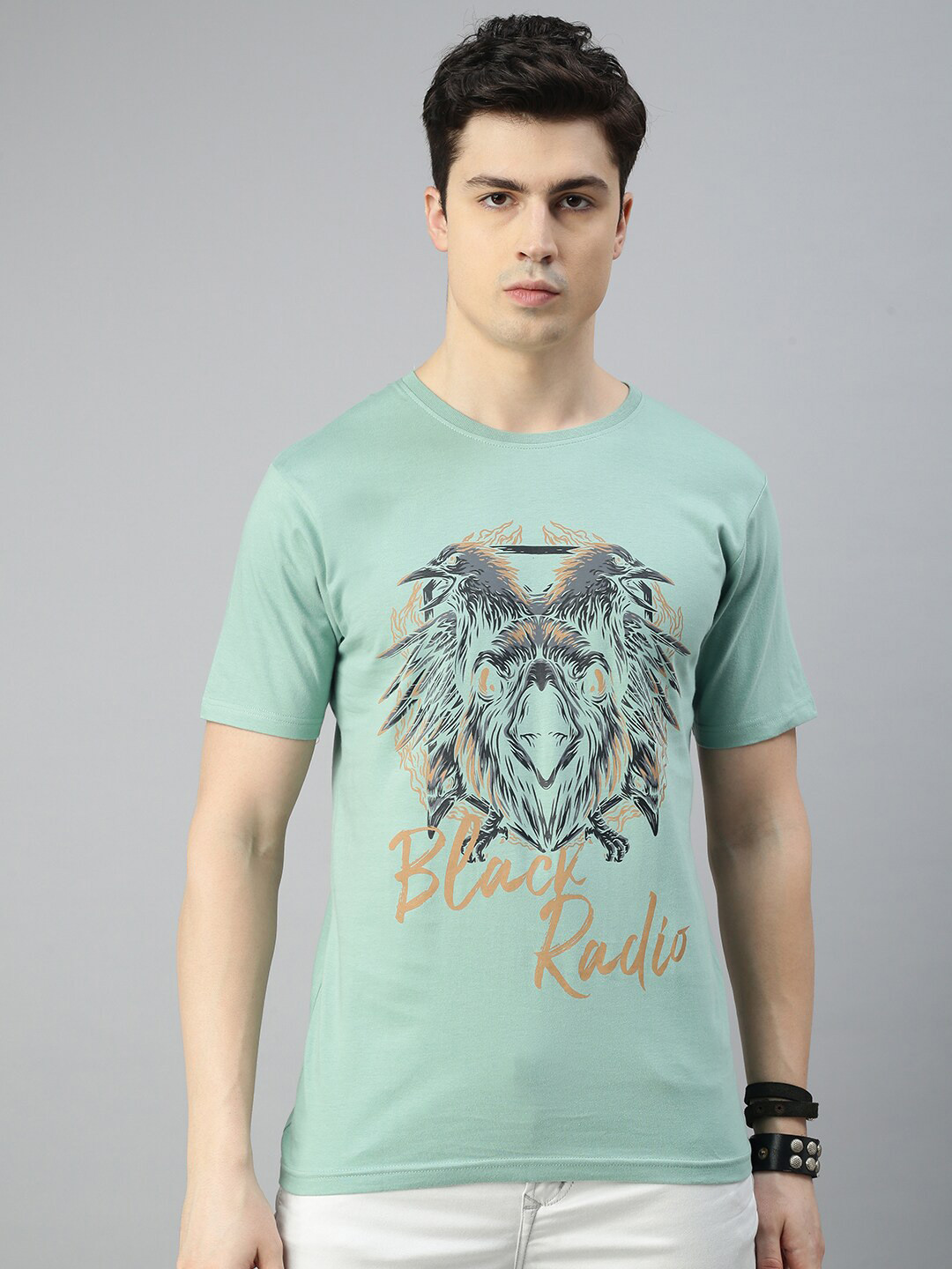 

BLACK RADIO Graphic Printed Short Sleeves Pure Cotton T-shirt, Sea green