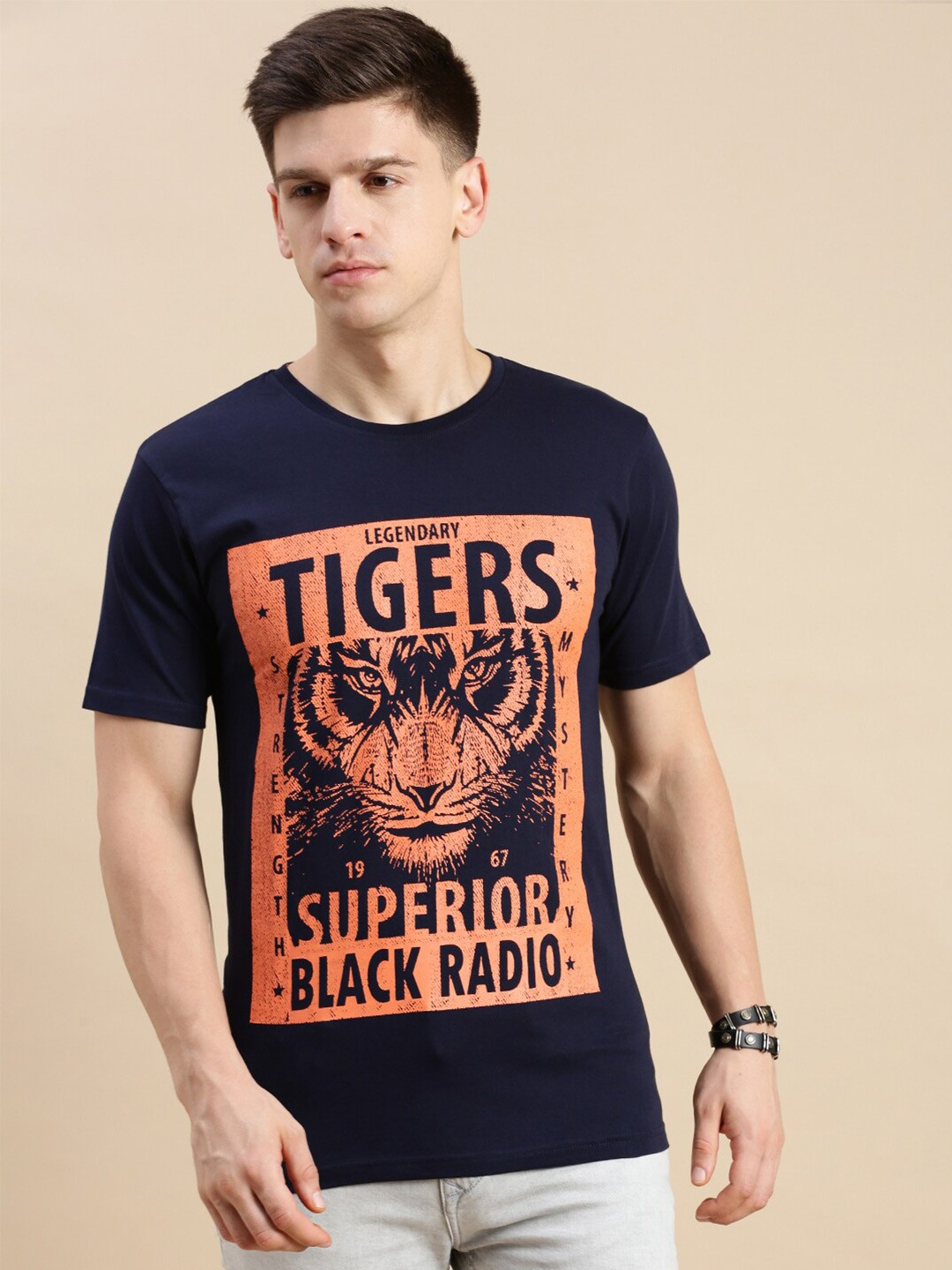 

BLACK RADIO Typography Printed Short Sleeves Pure Cotton T-shirt, Navy blue