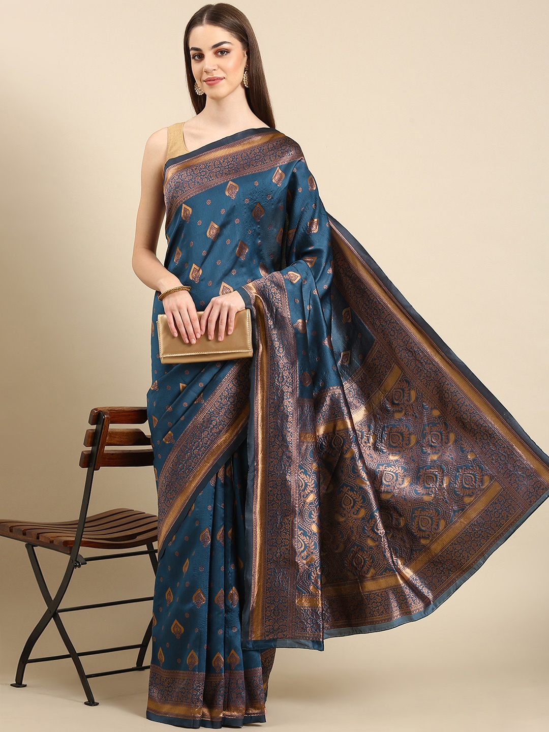 

TIEXA Woven Design Ethnic Motifs Zari Pure Silk Banarasi Saree, Blue