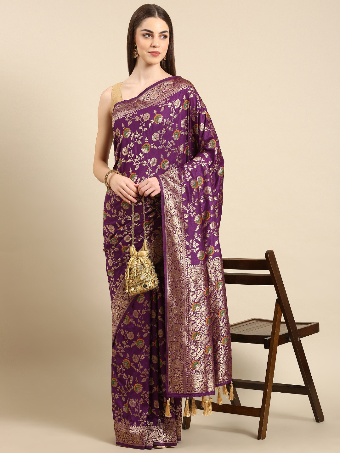 

TIEXA Floral Zari Pure Silk Banarasi Saree, Purple