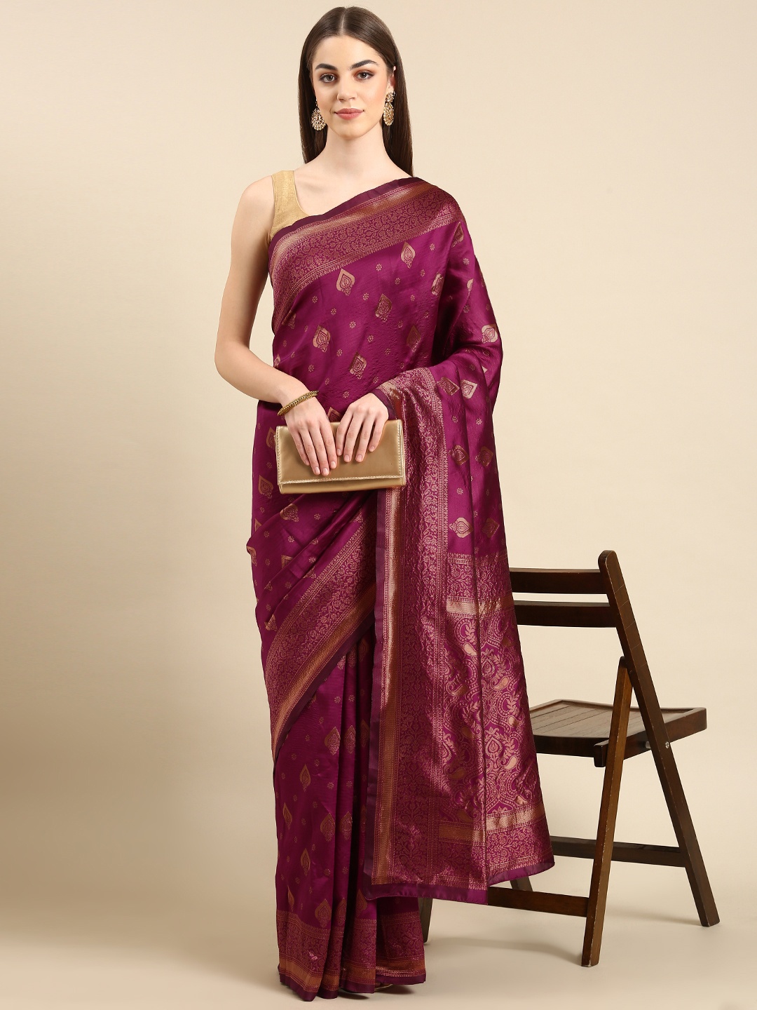 

TIEXA Ethnic Motifs Zari Pure Silk Banarasi Saree, Magenta