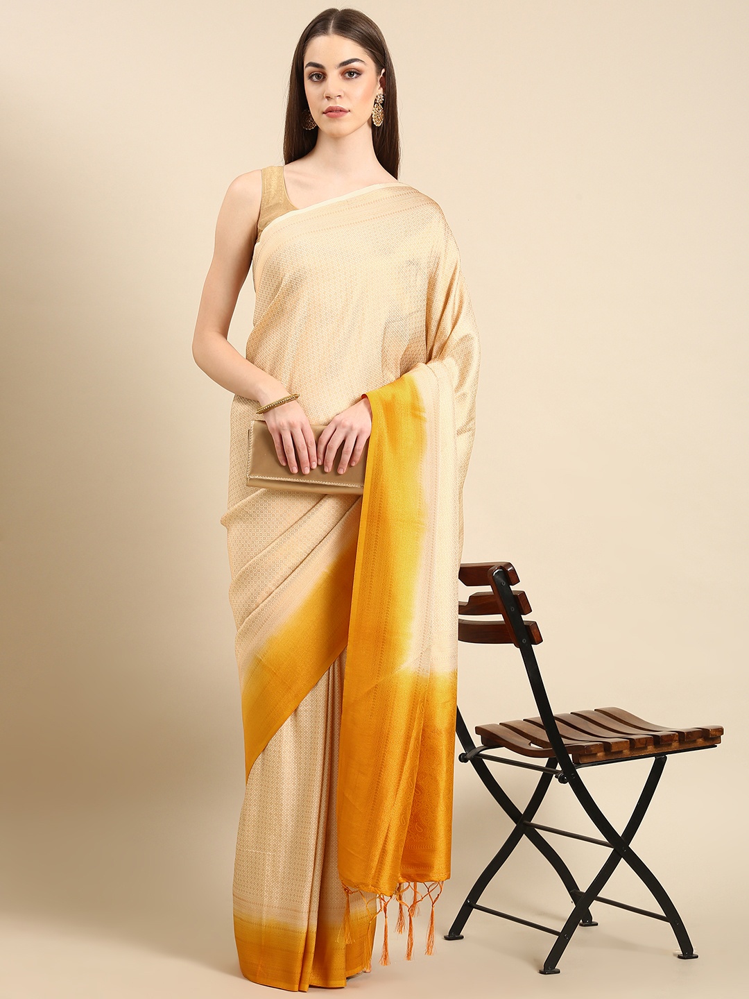 

TIEXA Woven Design Ethnic Motifs Zari Pure Silk Banarasi Saree, Cream