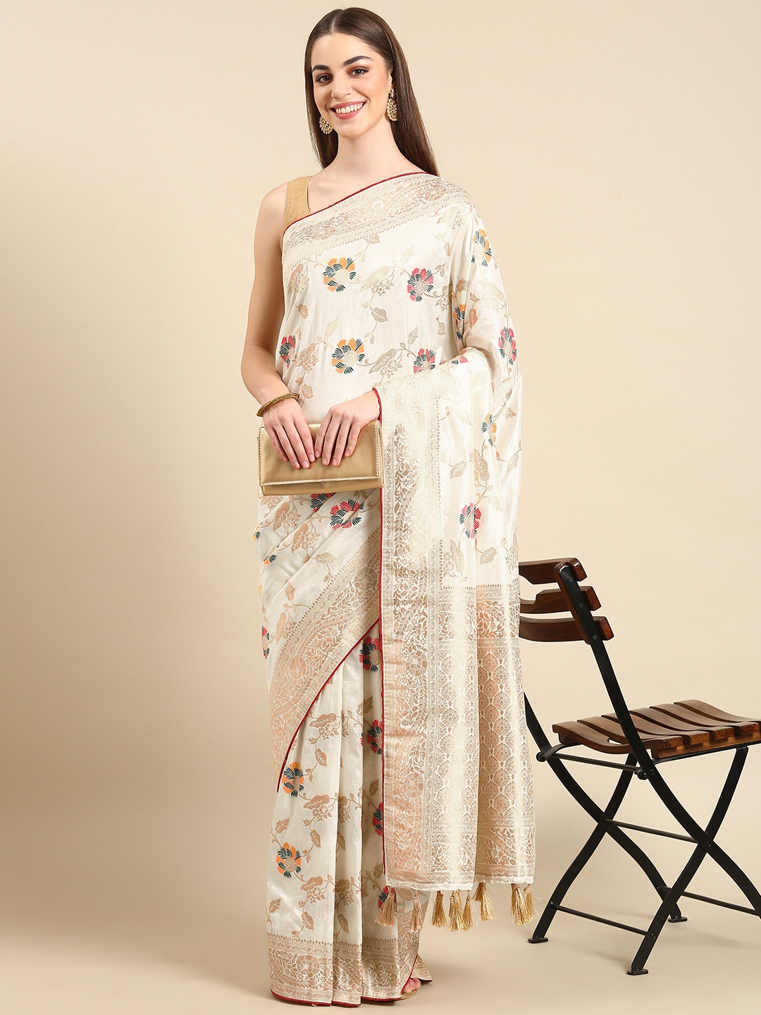 

TIEXA Woven Design Ethnic Motifs Zari Pure Silk Banarasi Saree, White