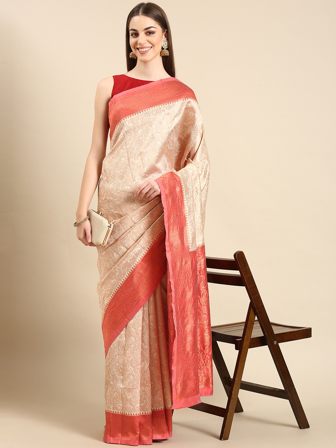 

TIEXA Floral Zari Pure Silk Banarasi Saree, Peach