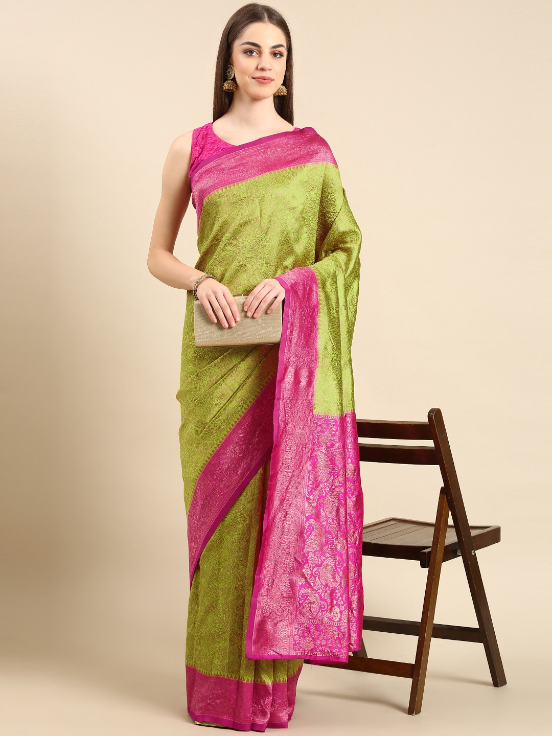 

TIEXA Woven Design Ethnic Motifs Zari Pure Silk Banarasi Saree, Green
