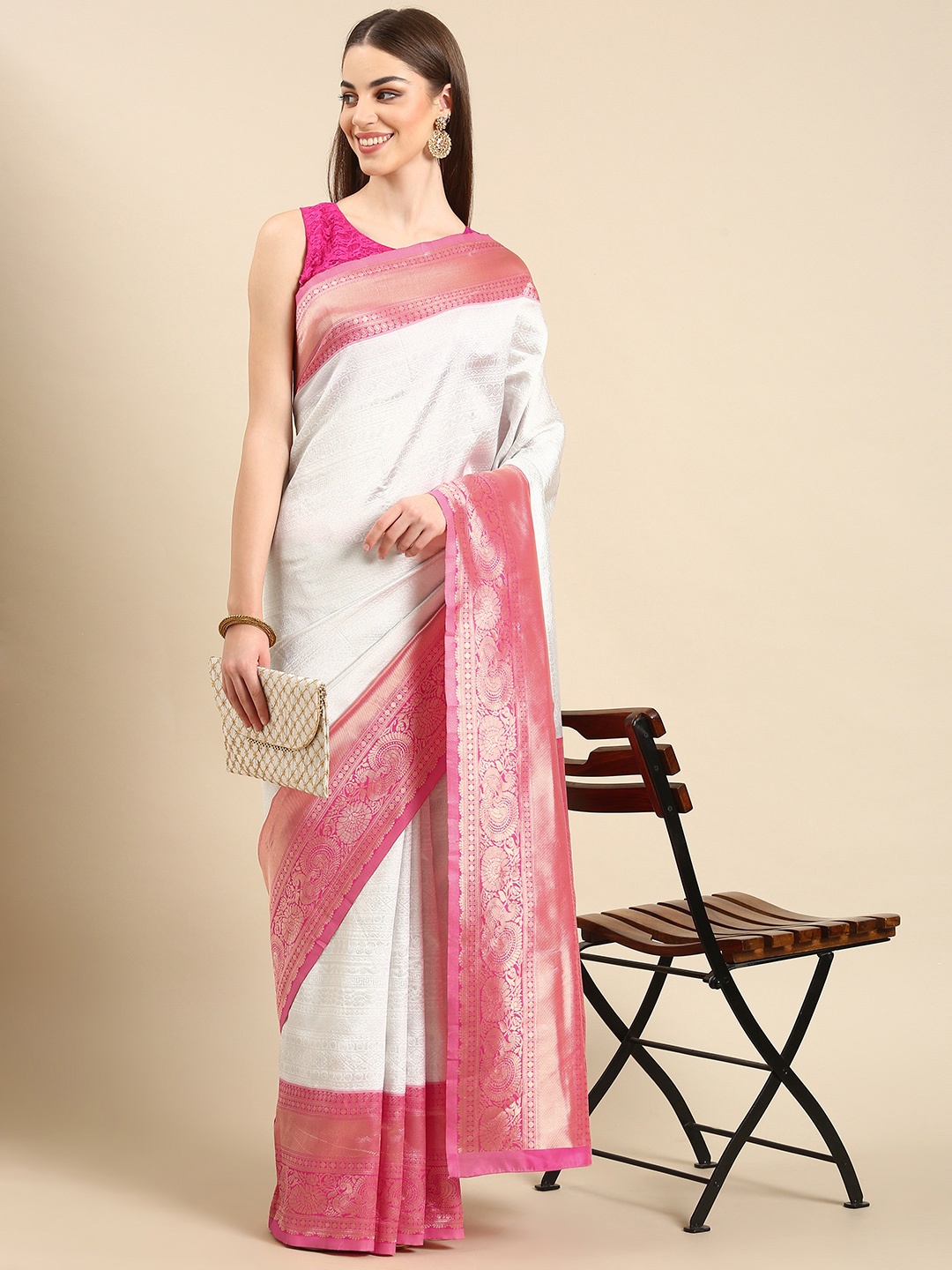 

TIEXA Woven Design Ethnic Motifs Zari Pure Silk Banarasi Saree, White