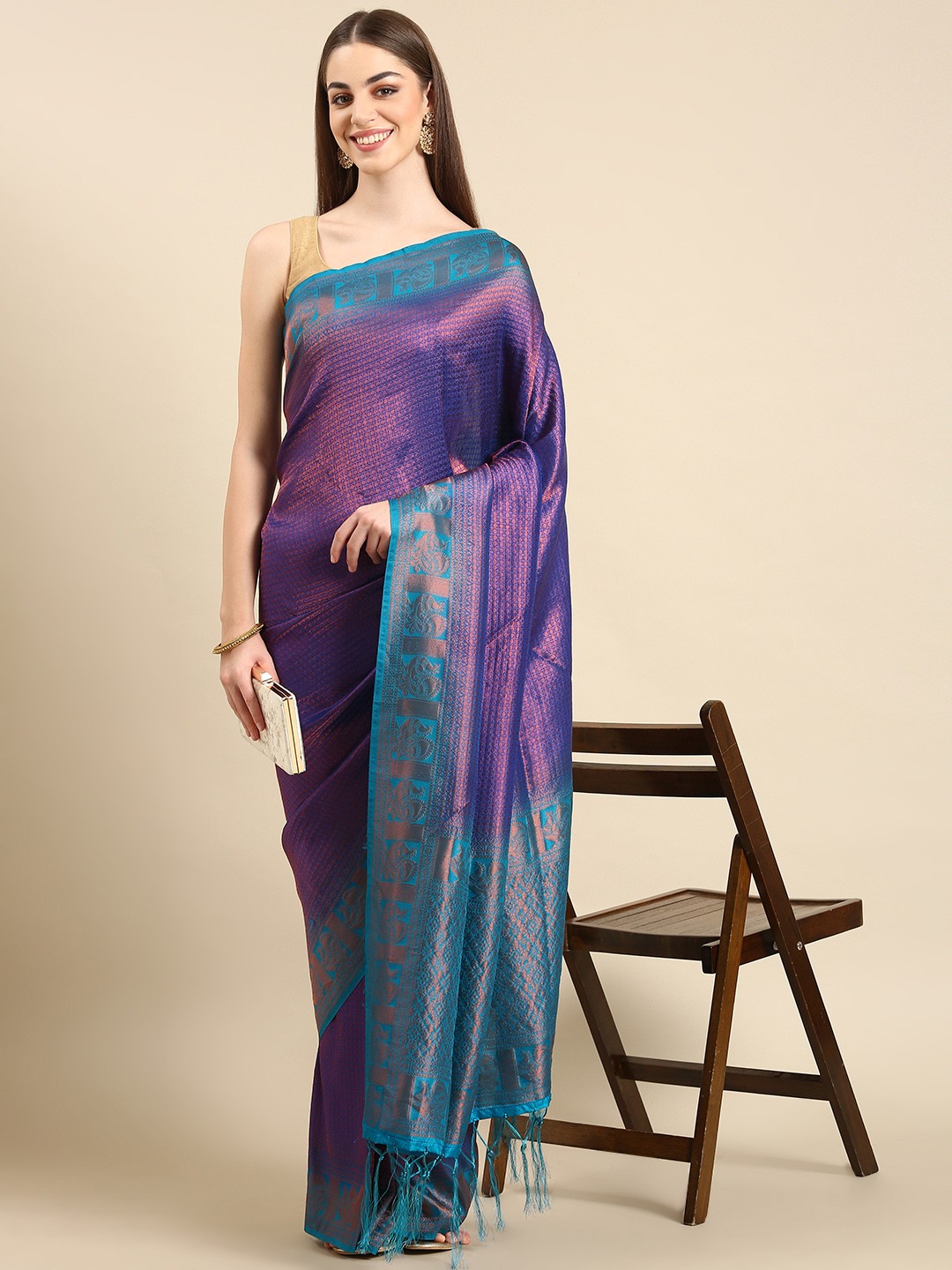 

TIEXA Woven Design Ethnic Motifs Zari Pure Silk Banarasi Saree, Navy blue