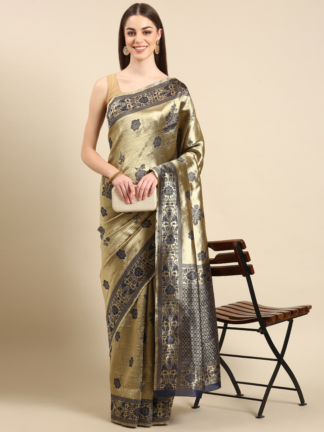 

TIEXA Floral Zari Pure Silk Banarasi Saree, Navy blue