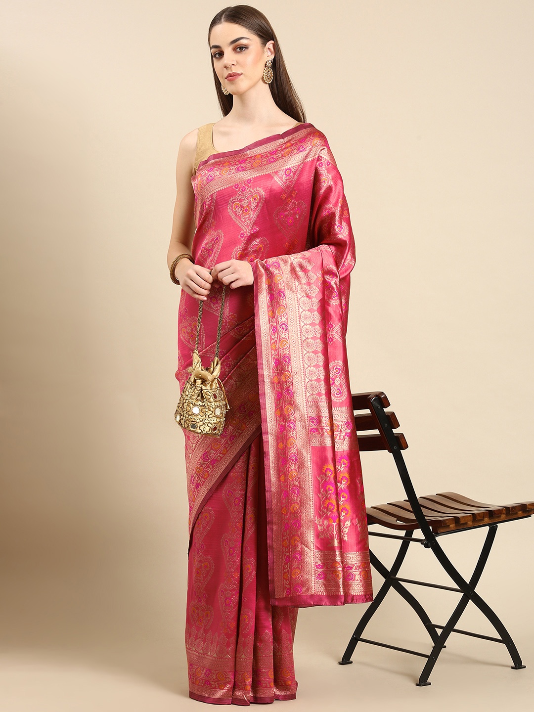 

TIEXA Ethnic Motifs Zari Pure Silk Banarasi Saree, Pink