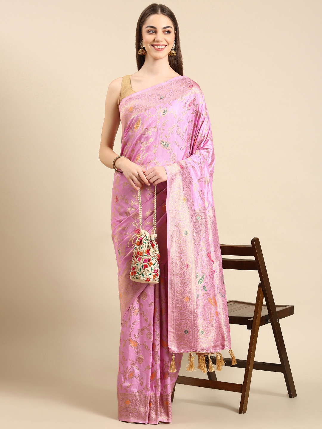 

TIEXA Ethnic Motifs Zari Pure Silk Banarasi Saree, Purple