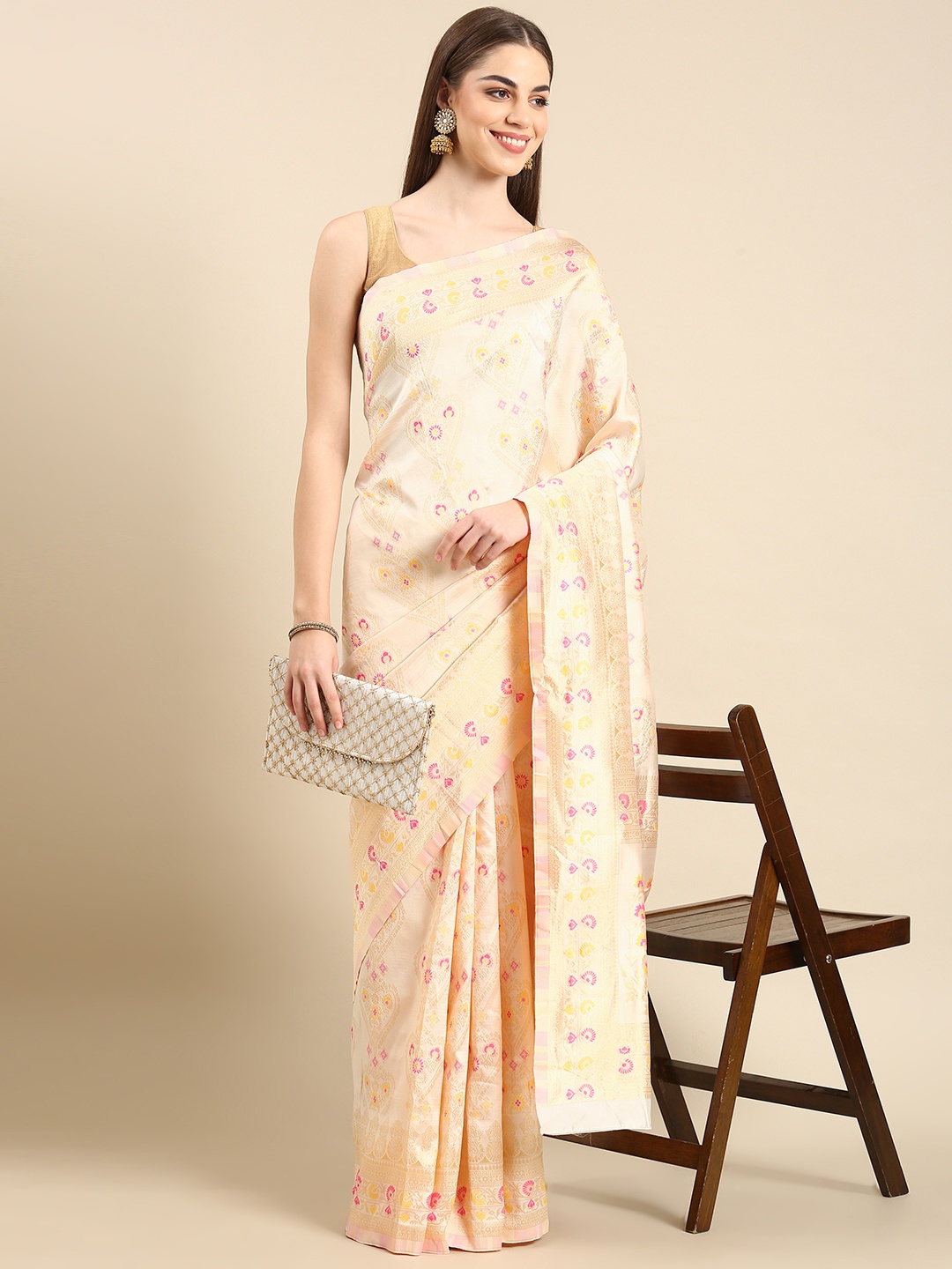 

TIEXA Ethnic Motifs Zari Pure Silk Banarasi Saree, Off white
