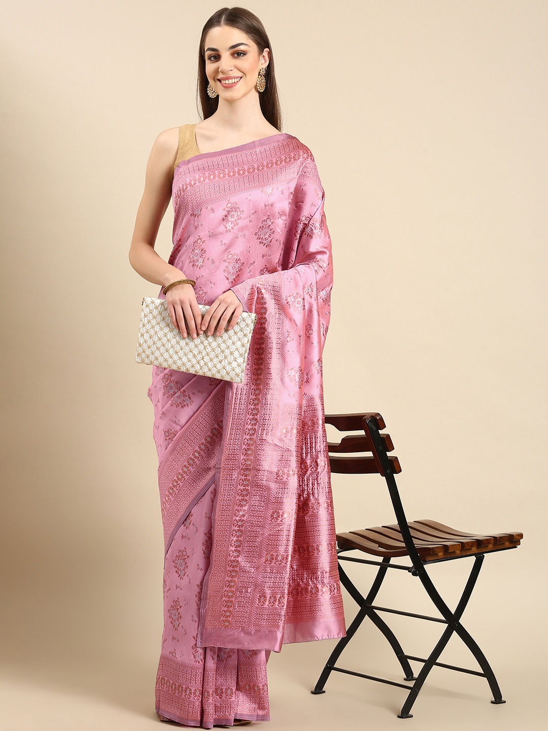 

TIEXA Woven Design Ethnic Motifs Zari Pure Silk Banarasi Saree, Pink