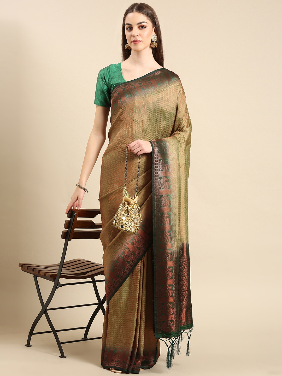 

TIEXA Woven Design Ethnic Motifs Zari Pure Silk Banarasi Saree, Beige
