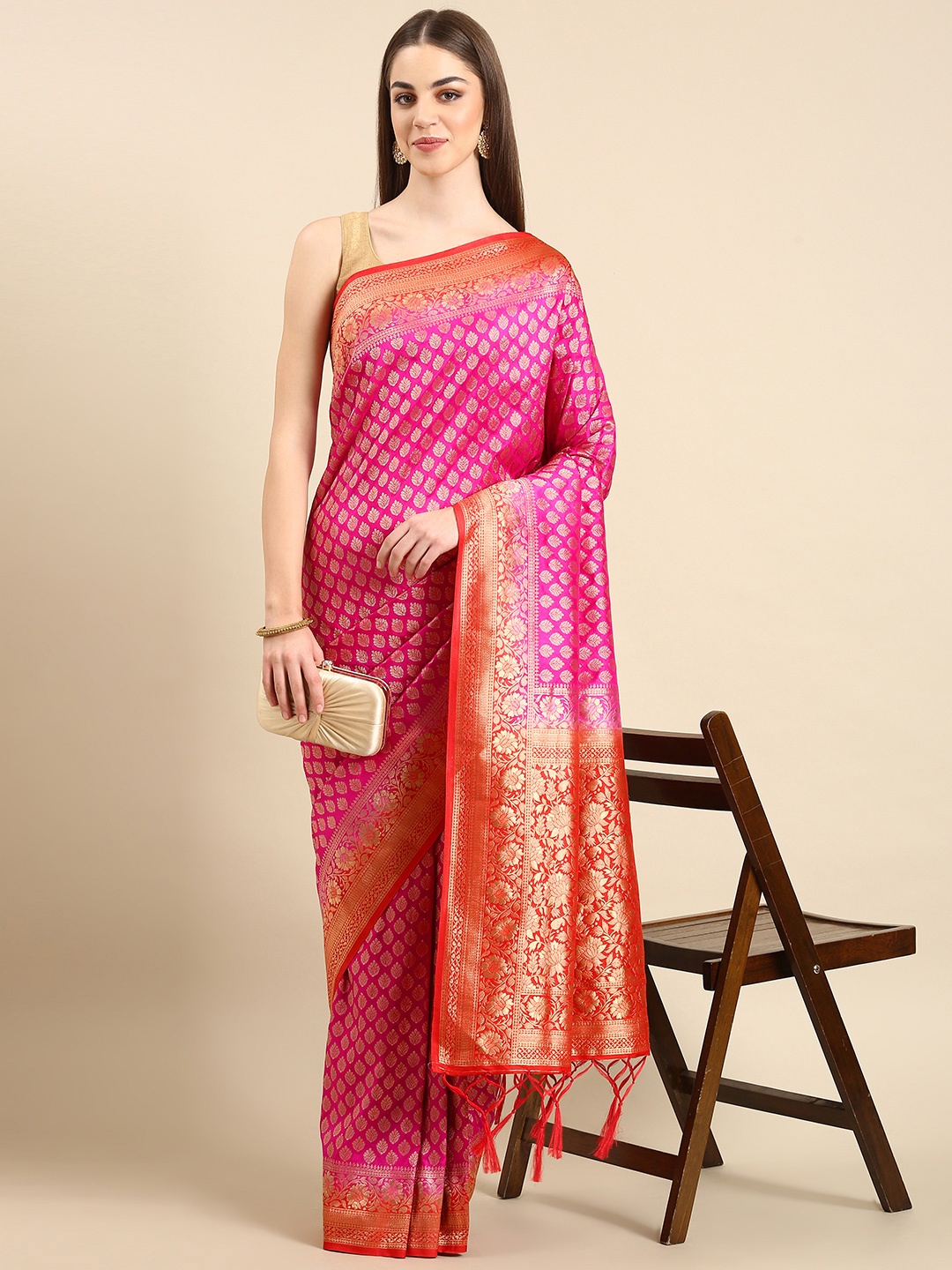 

TIEXA Woven Design Ethnic Motifs Zari Pure Silk Banarasi Saree, Pink