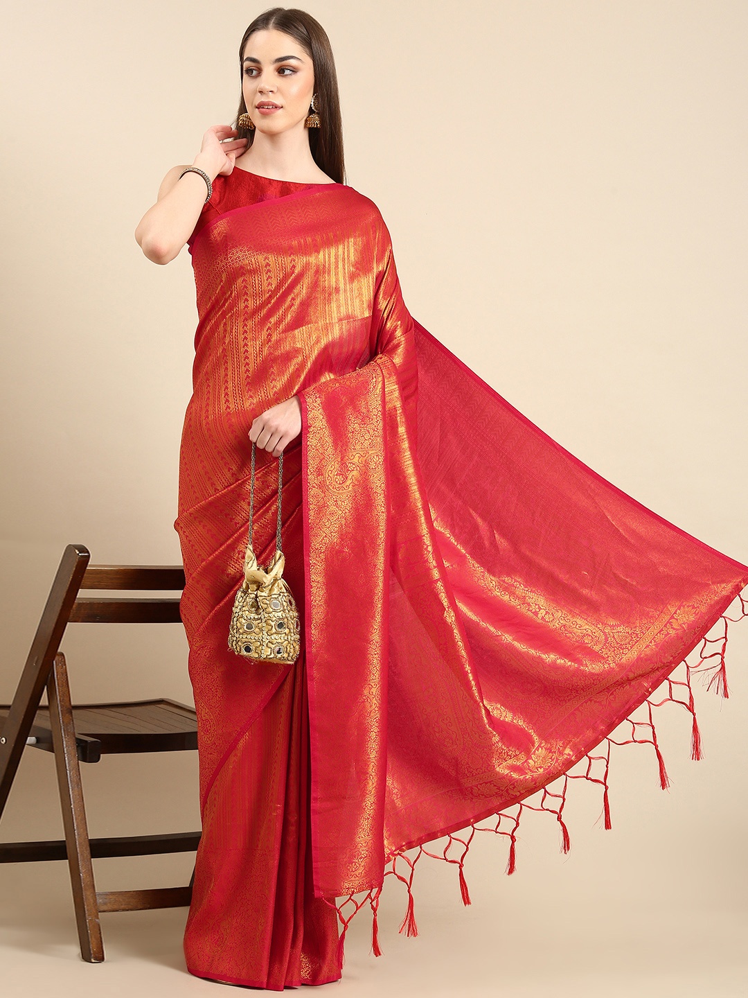 

TIEXA Woven Design Ethnic Motifs Zari Pure Silk Banarasi Saree, Red