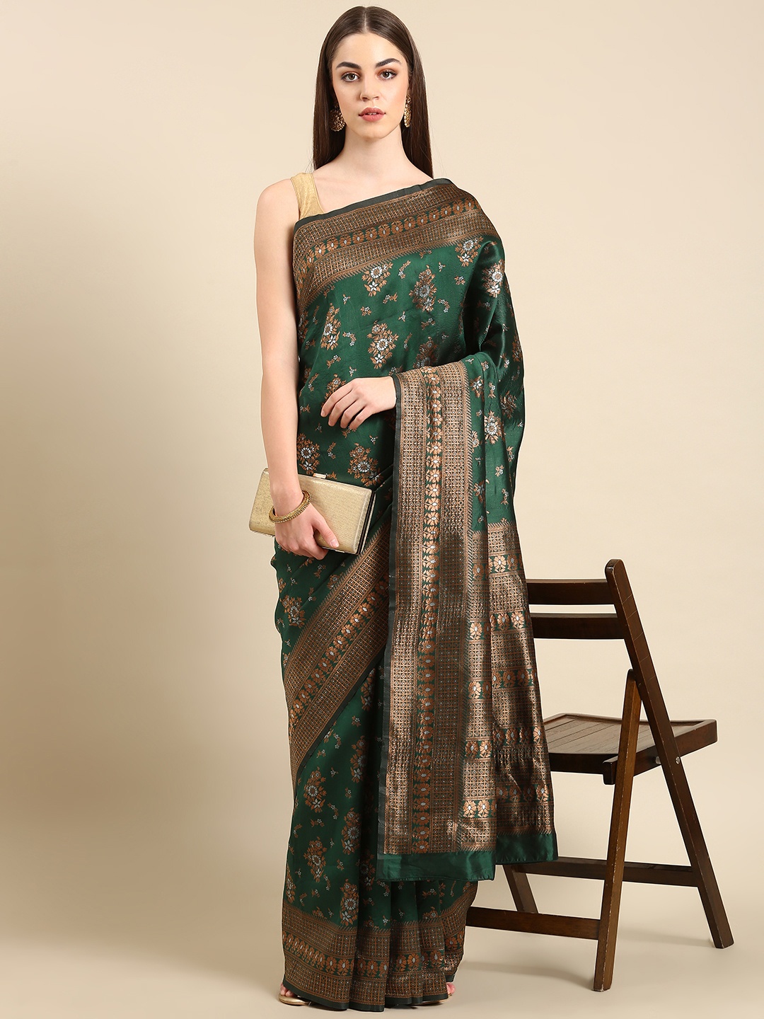 

TIEXA Ethnic Motifs Zari Pure Silk Banarasi Saree, Teal