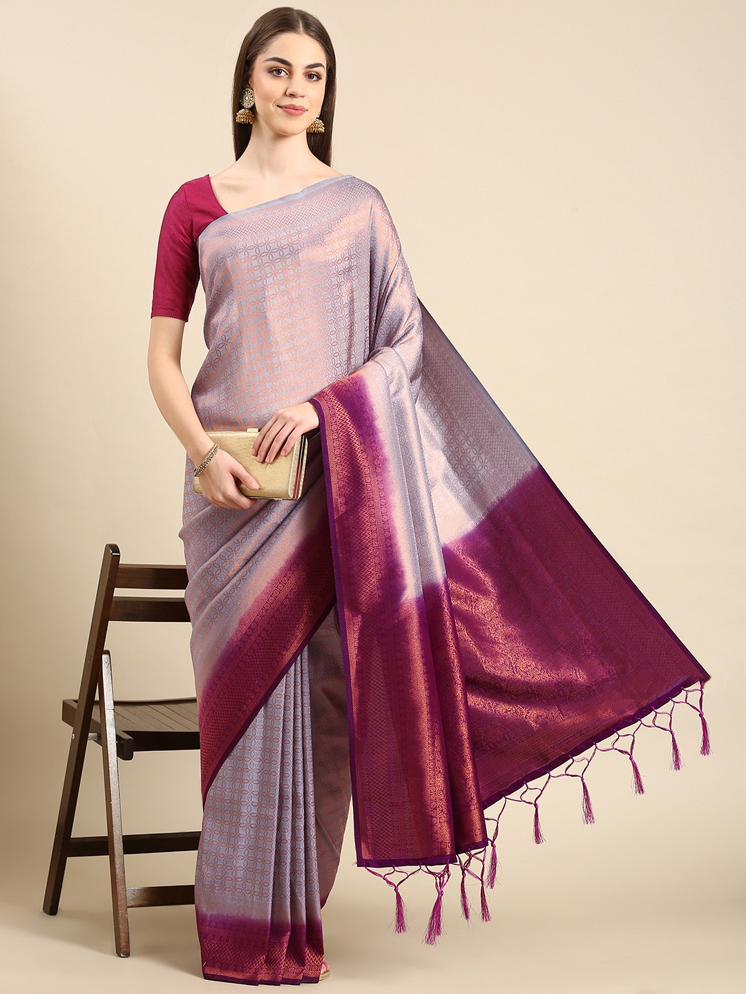 

TIEXA Ethnic Motifs Zari Pure Silk Banarasi Saree, Purple