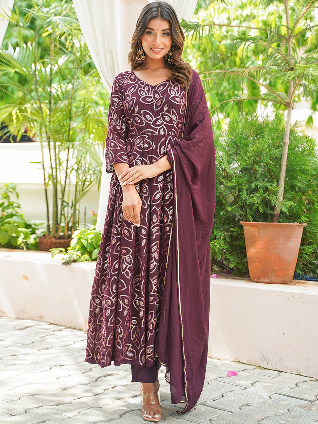 

ESTELA Floral Embroidered Anarkali Kurta with Trousers & Dupatta, Burgundy