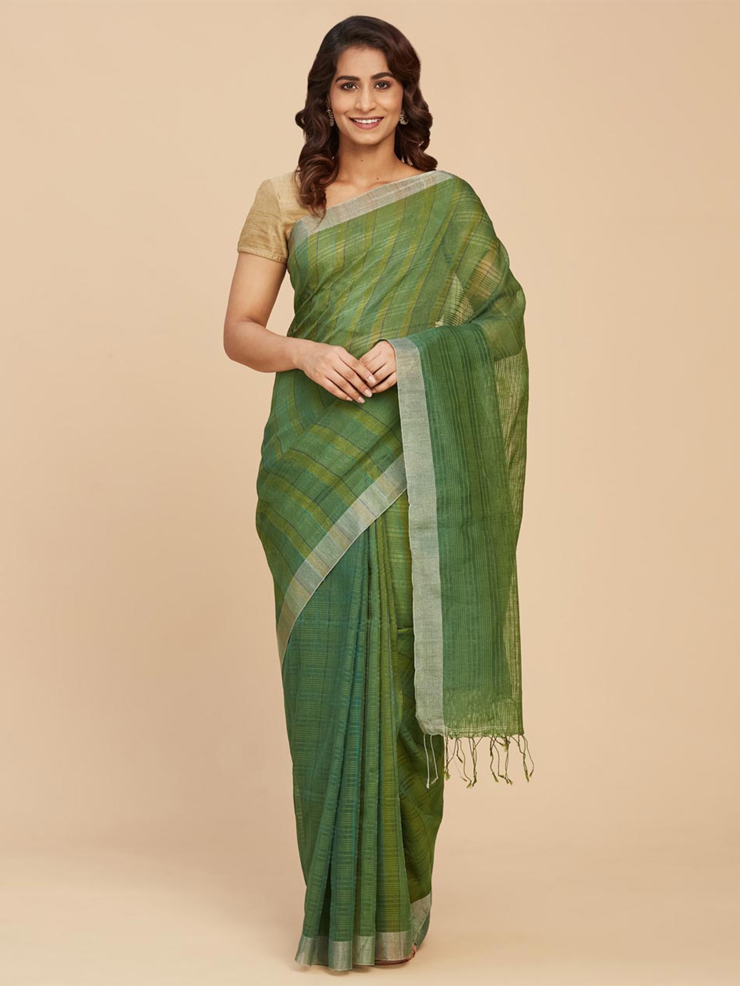 

Fabindia Checked Linen Blend Saree, Green