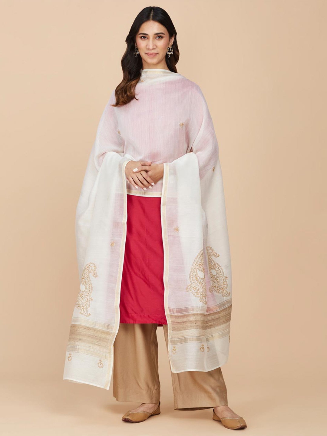 

Fabindia Embroidered Cotton Silk Dupatta with Chikankari, Off white