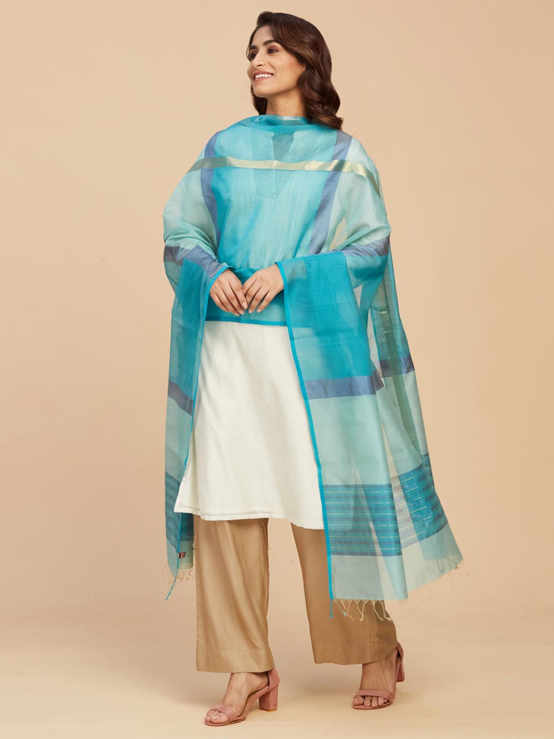 

Fabindia Colourblocked Cotton Silk Dupatta with Zari, Blue