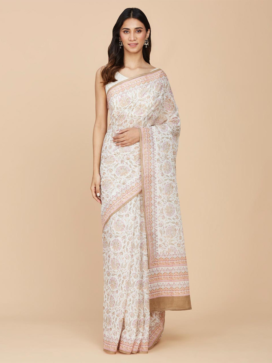 

Fabindia Floral Block Print Zari Pure Cotton Saree, Off white