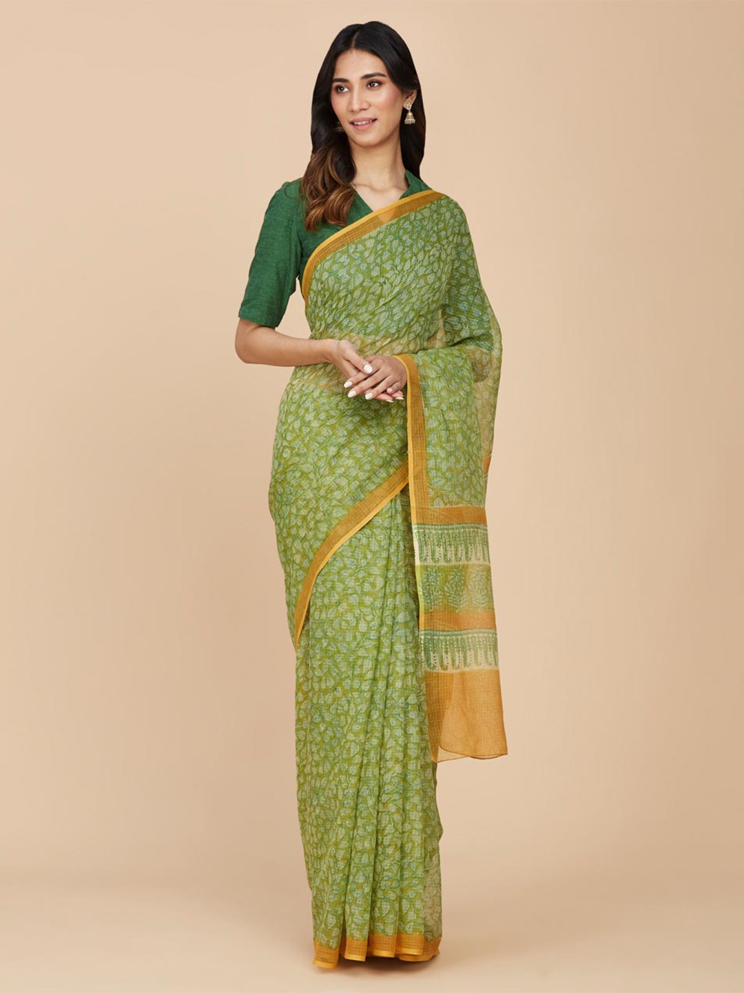 

Fabindia Ethnic Motifs Block Print Silk Cotton Saree, Green