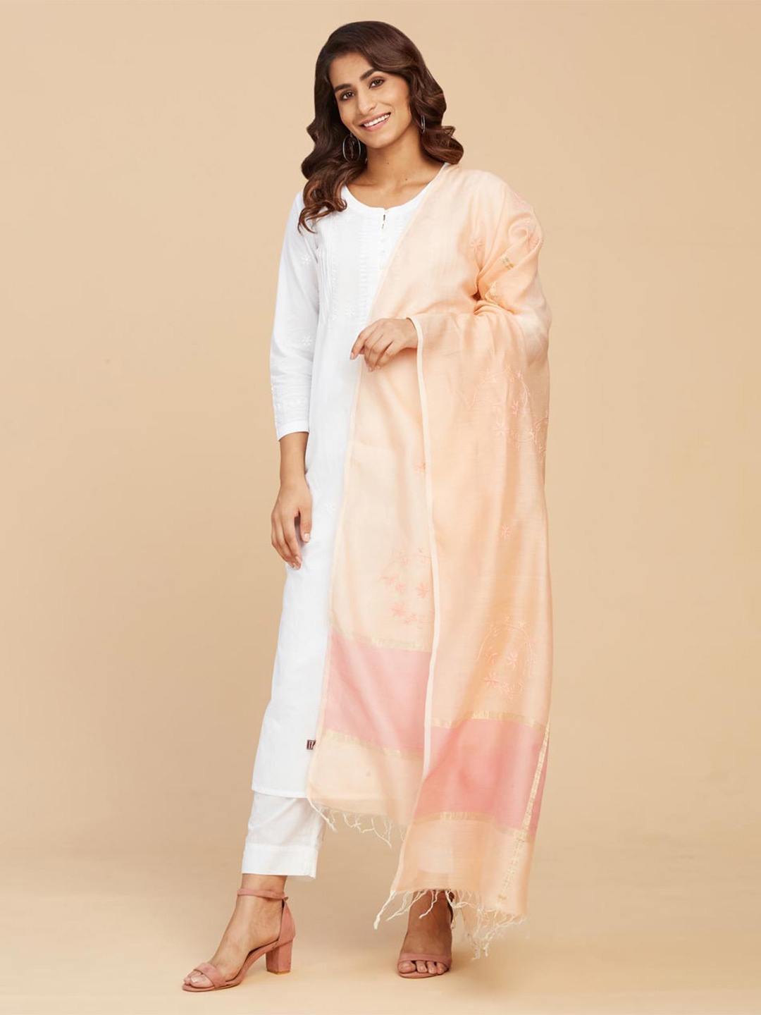 

Fabindia Embroidered Cotton Silk Dupatta With Zari, Peach