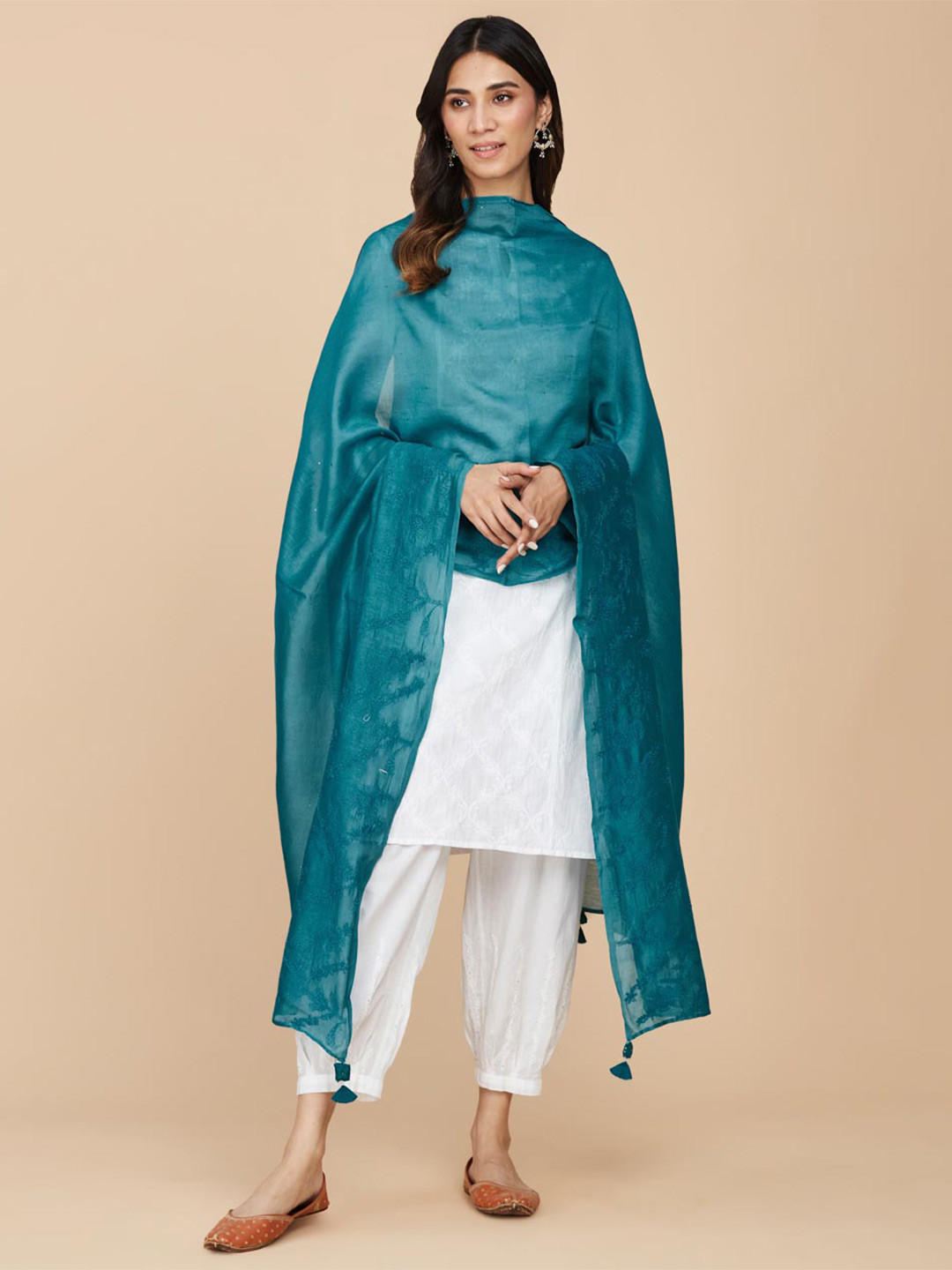 

Fabindia Embroidered Cotton Silk Dupatta with Chikankari, Turquoise blue
