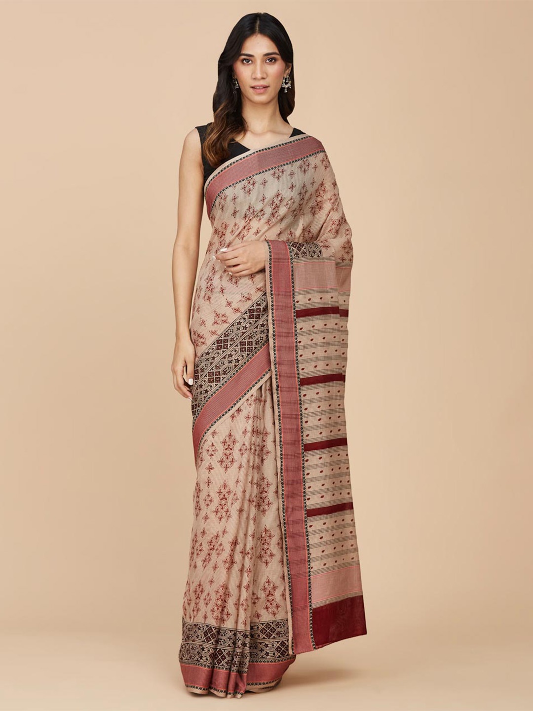 

Fabindia Ethnic Motifs Woven Design Silk Cotton Bagh Saree, Beige
