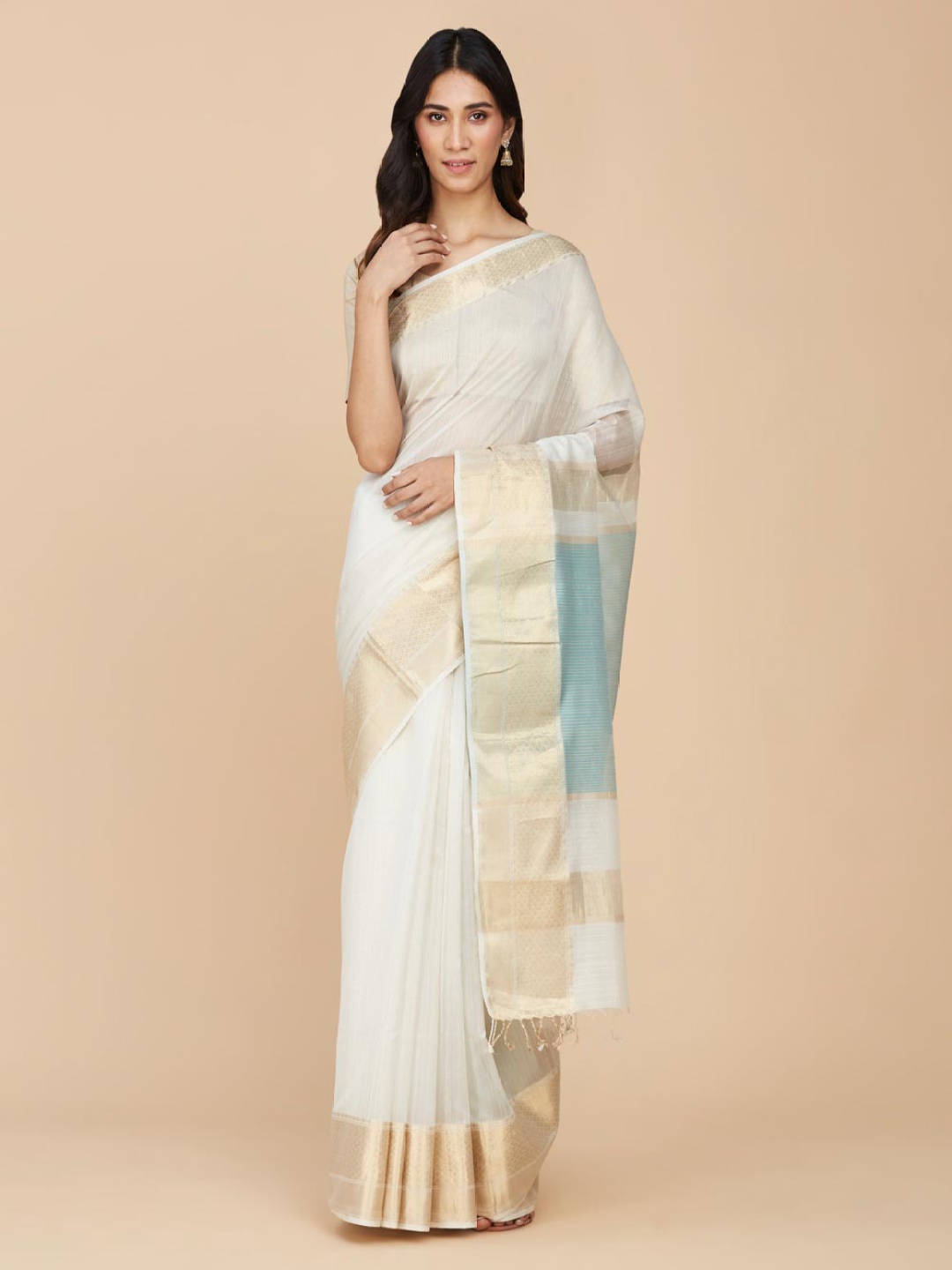 

Fabindia Zari Silk Cotton Maheshwari Saree, White