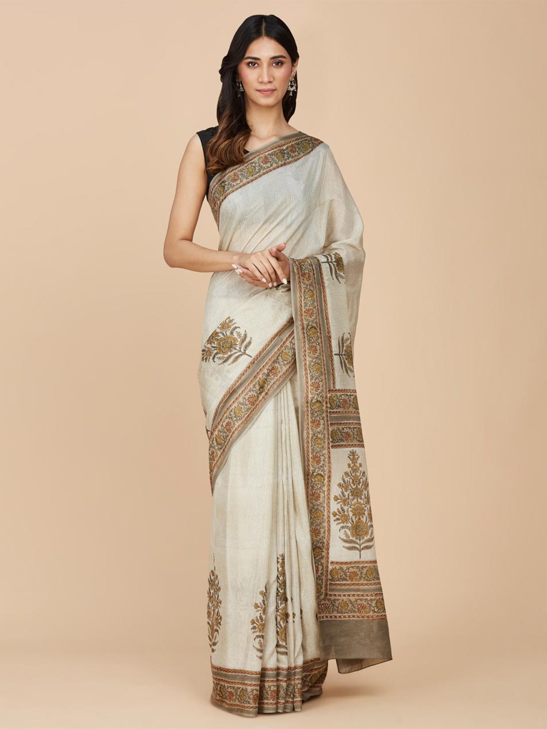 

Fabindia Floral Block Print Saree, Beige
