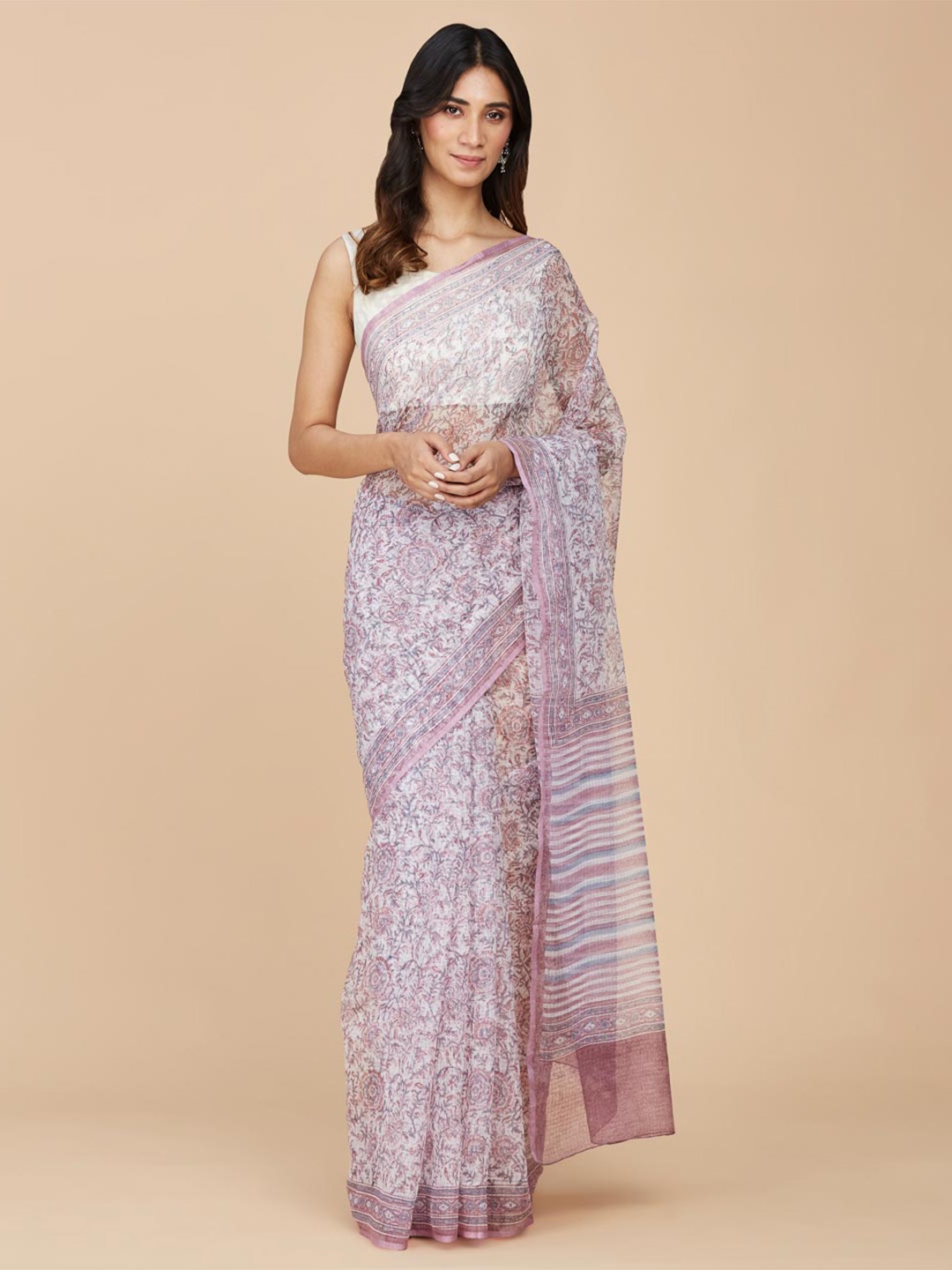 

Fabindia Floral Printed Silk Cotton Saree, Pink