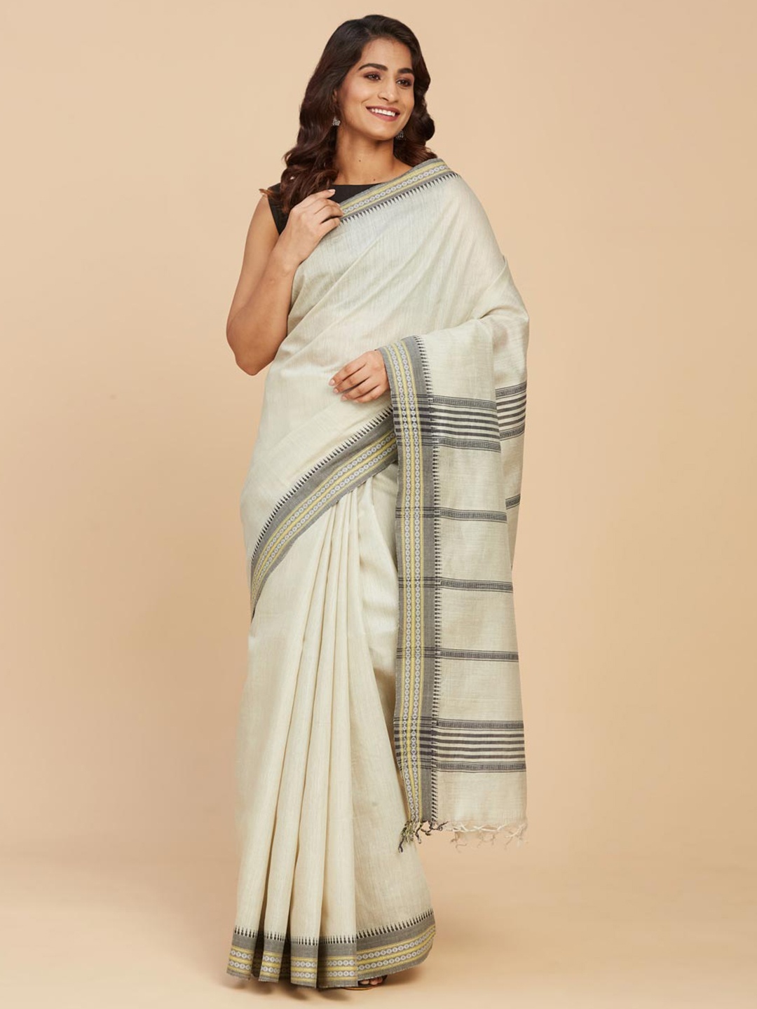 

Fabindia Woven Design Border Silk Blend Saree, Off white