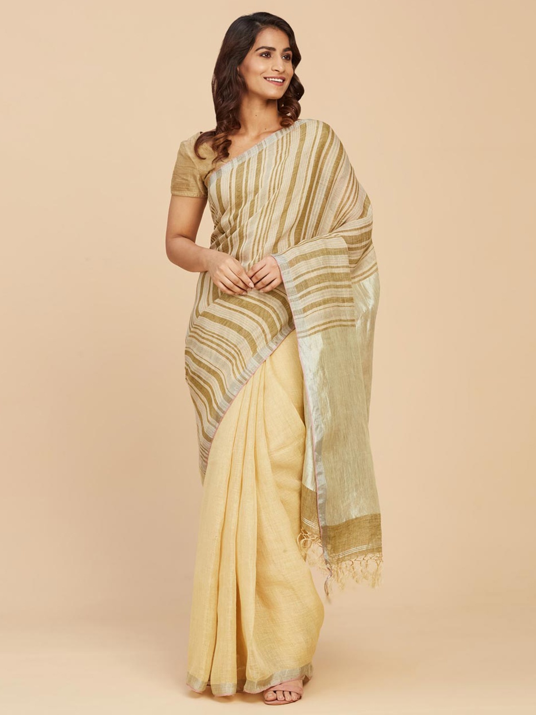 

Fabindia Striped Woven Design Linen Blend Saree, Yellow