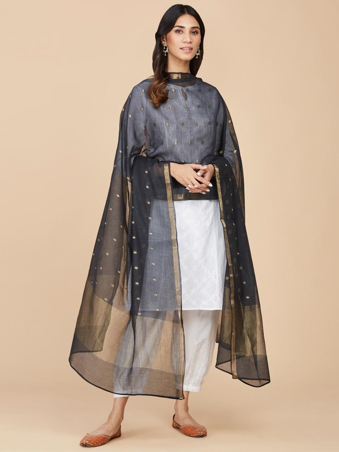 

Fabindia Ethnic Motifs Woven Design Cotton Silk Dupatta, Black