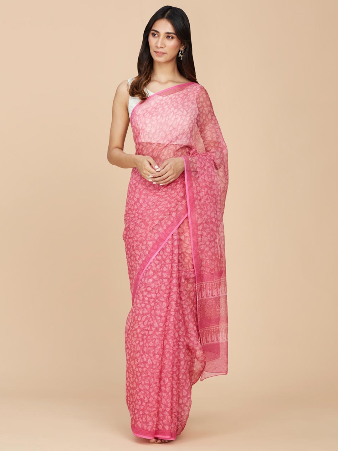 

Fabindia Floral Block Printed Silk Cotton Saree, Pink