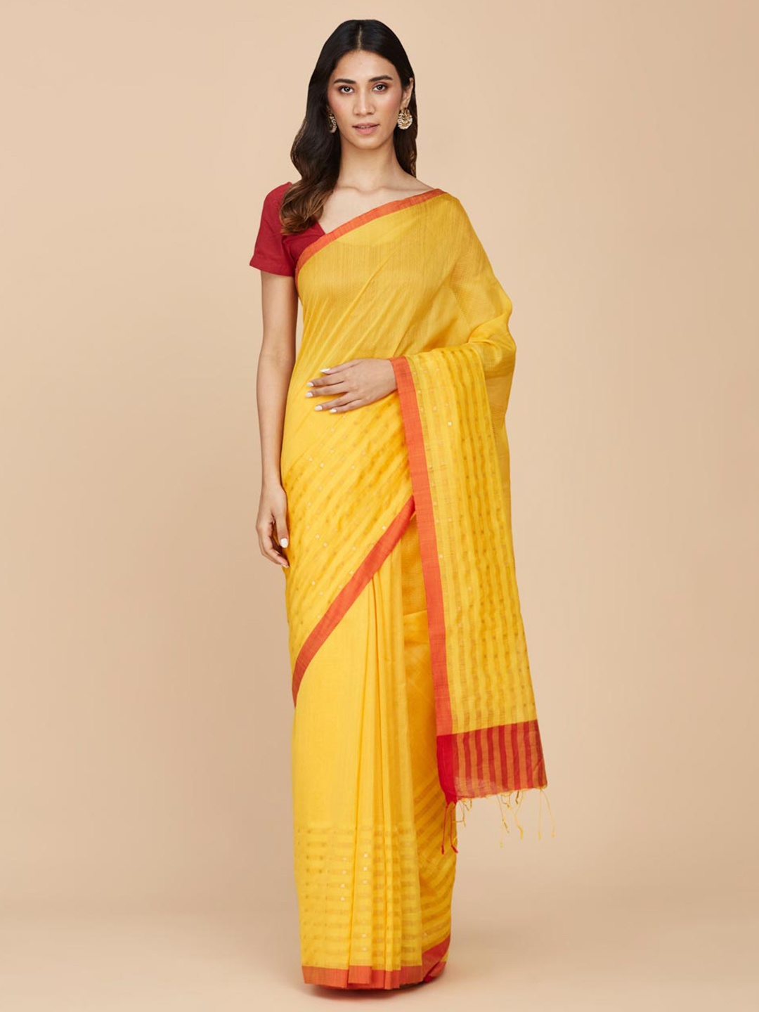 

Fabindia Striped Woven Design Silk Cotton Saree, Yellow