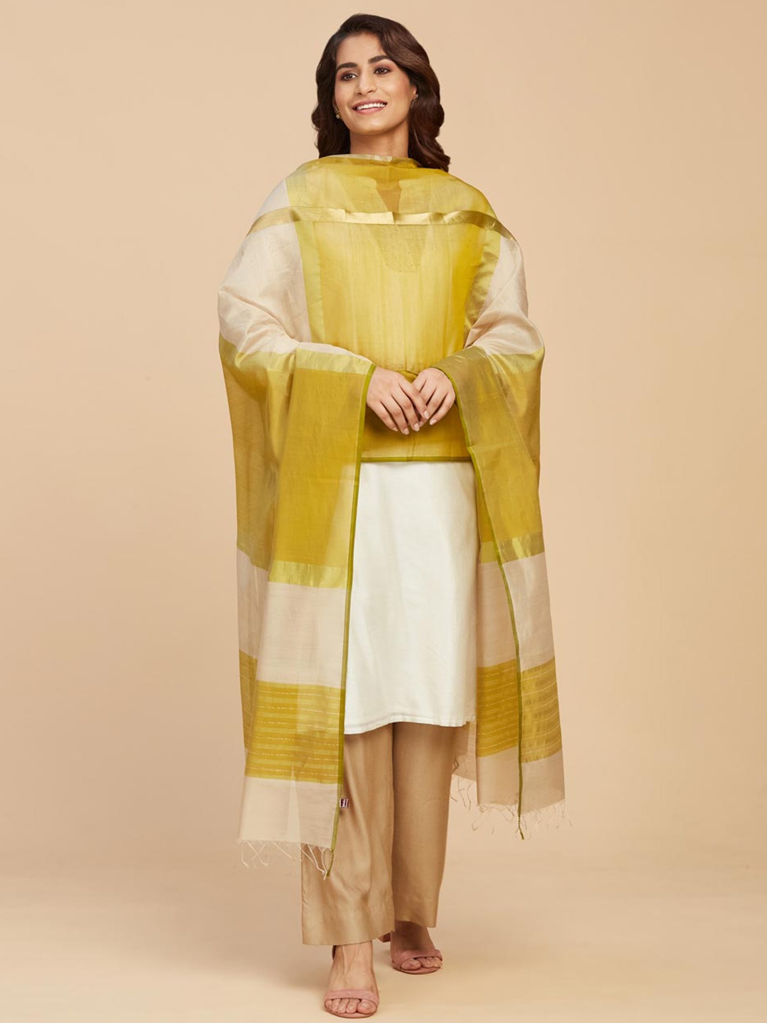 

Fabindia Colourblocked Cotton Silk Dupatta, Green