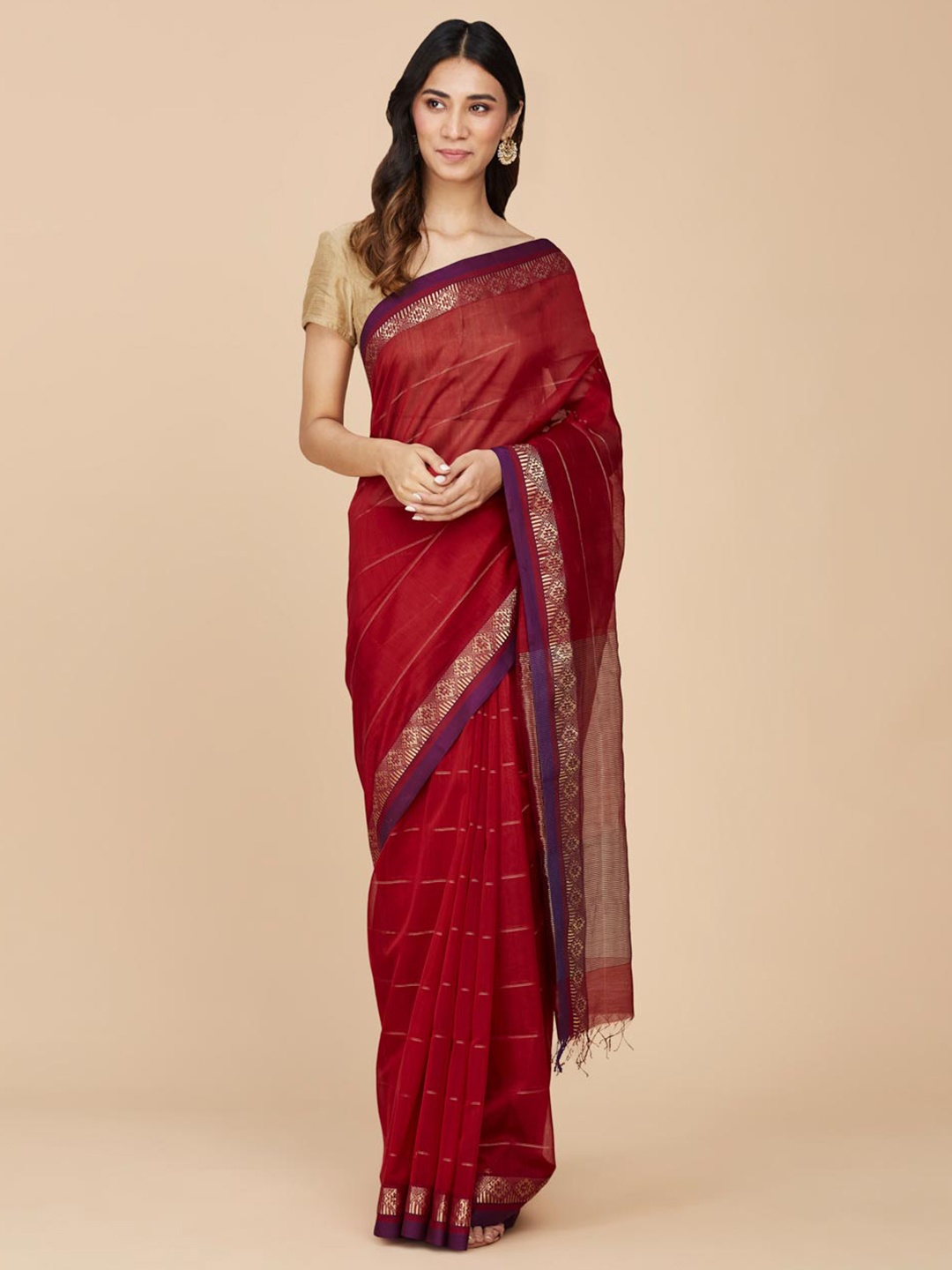 

Fabindia Striped Zari Silk Cotton Maheshwari Saree, Red