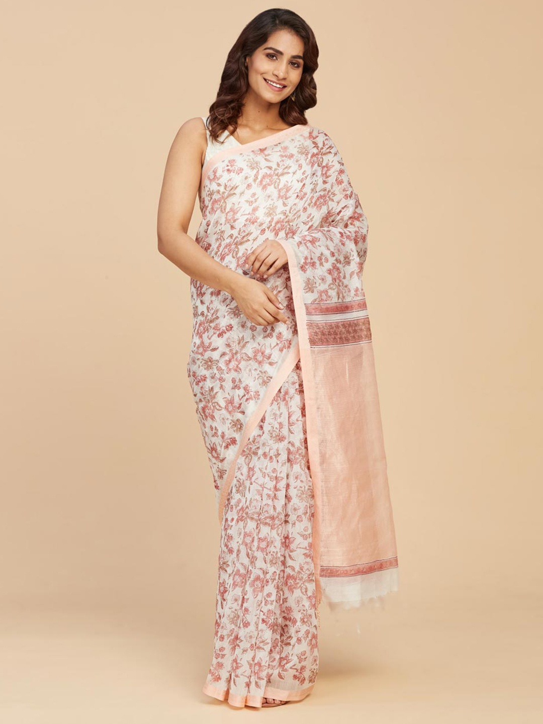 

Fabindia Floral Block Print Silk Cotton Saree, Pink
