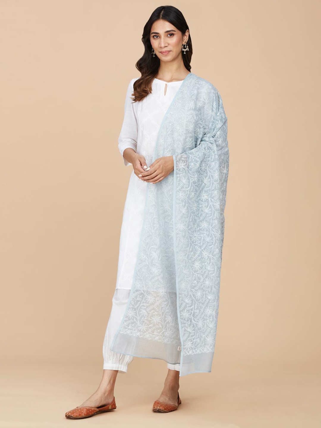 

Fabindia Embroidered Cotton Silk Dupatta with Chikankari, Blue