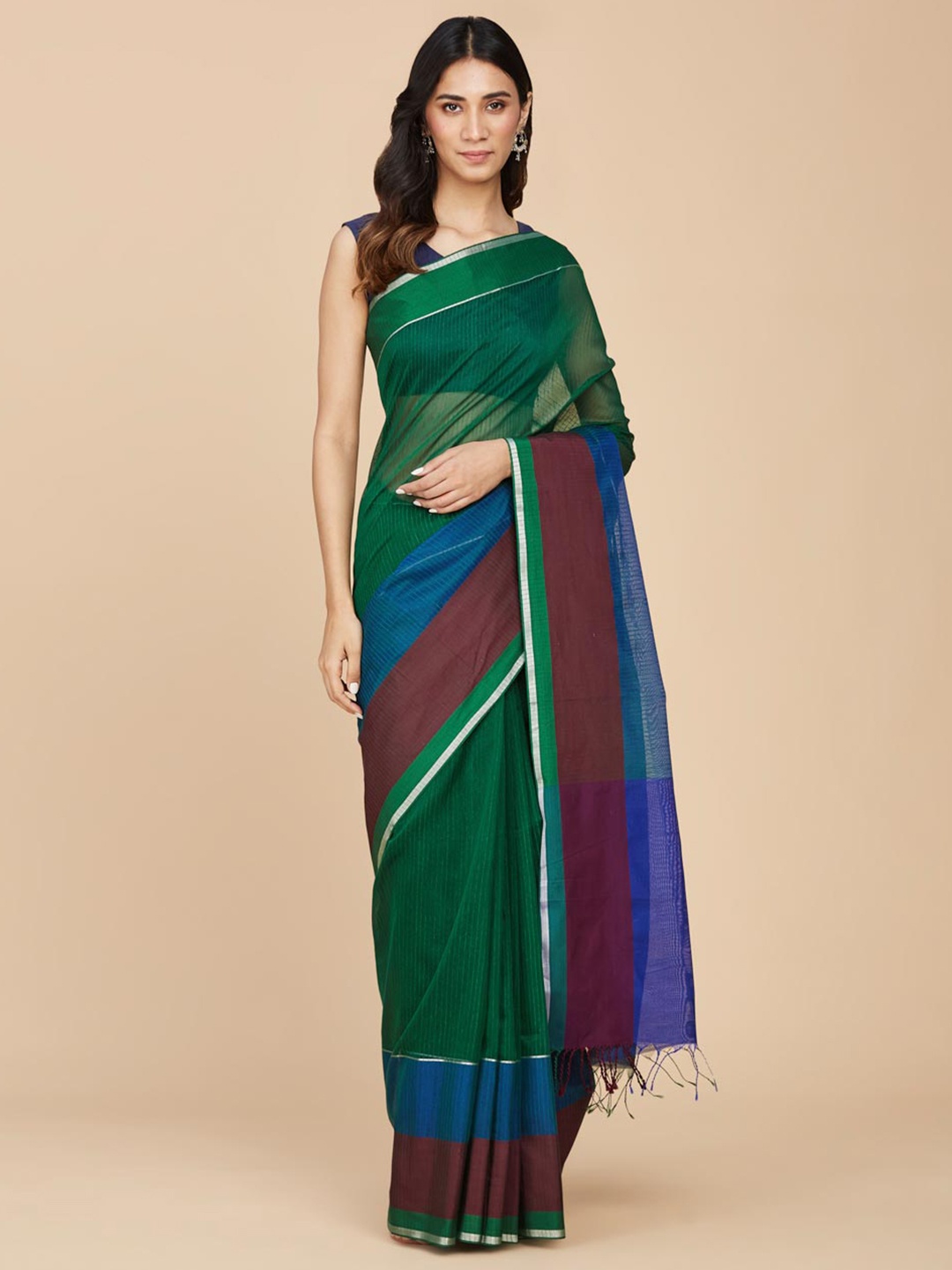 

Fabindia Striped Woven Design Silk Cotton Maheshwari Saree, Green