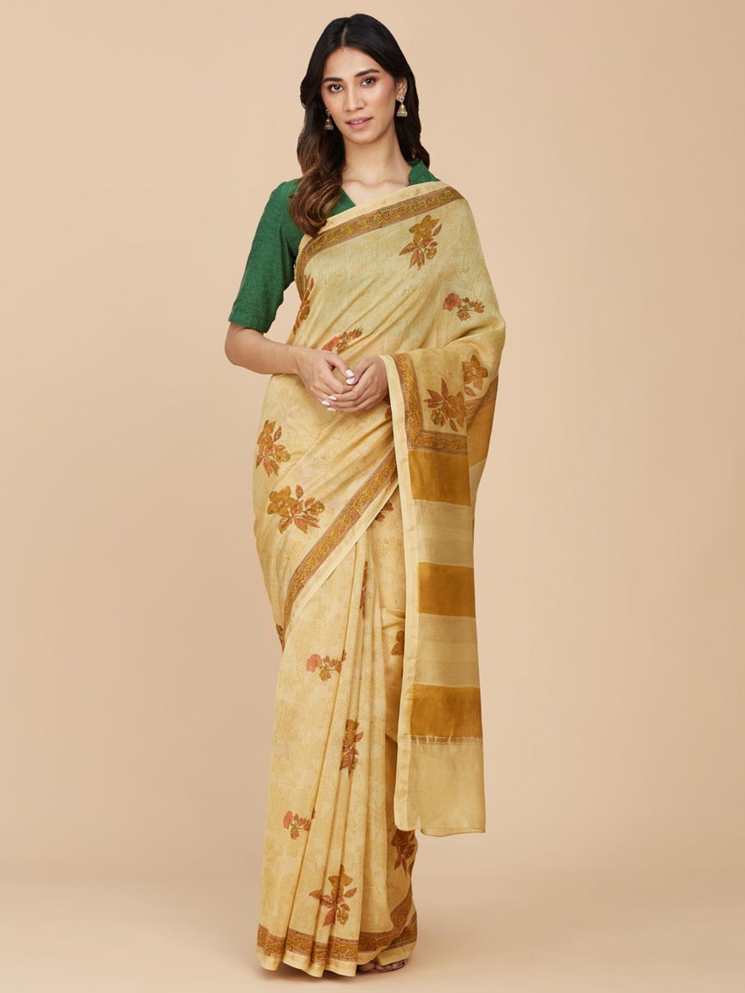 

Fabindia Floral Block Printed Silk Cotton Saree, Mustard