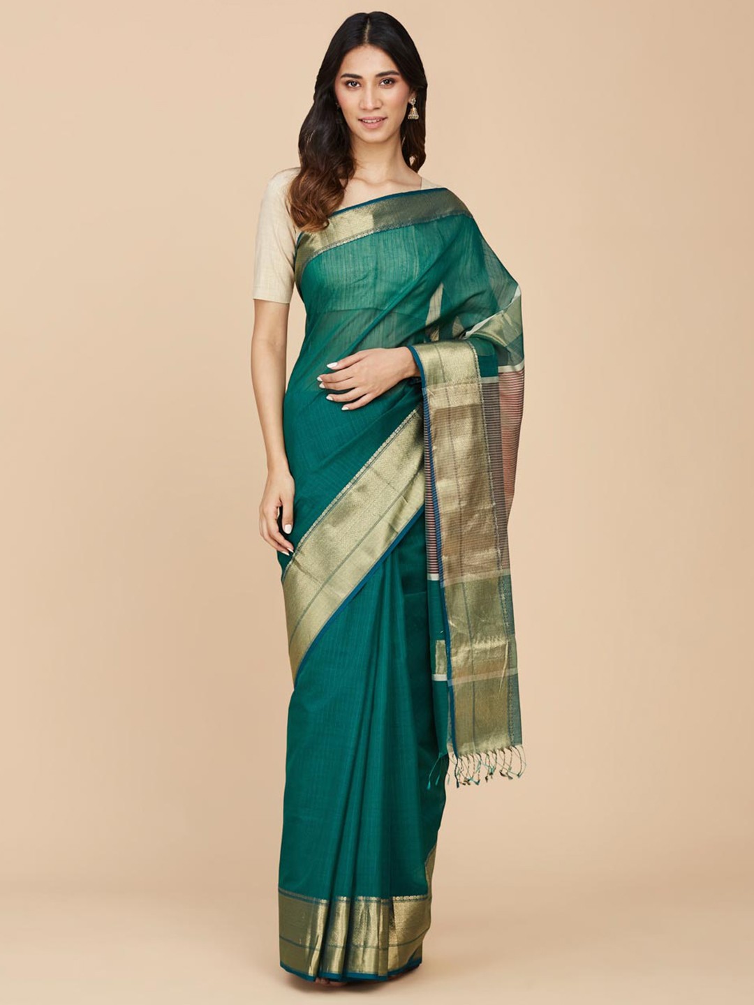 

Fabindia Zari Silk Cotton Maheshwari Saree, Green