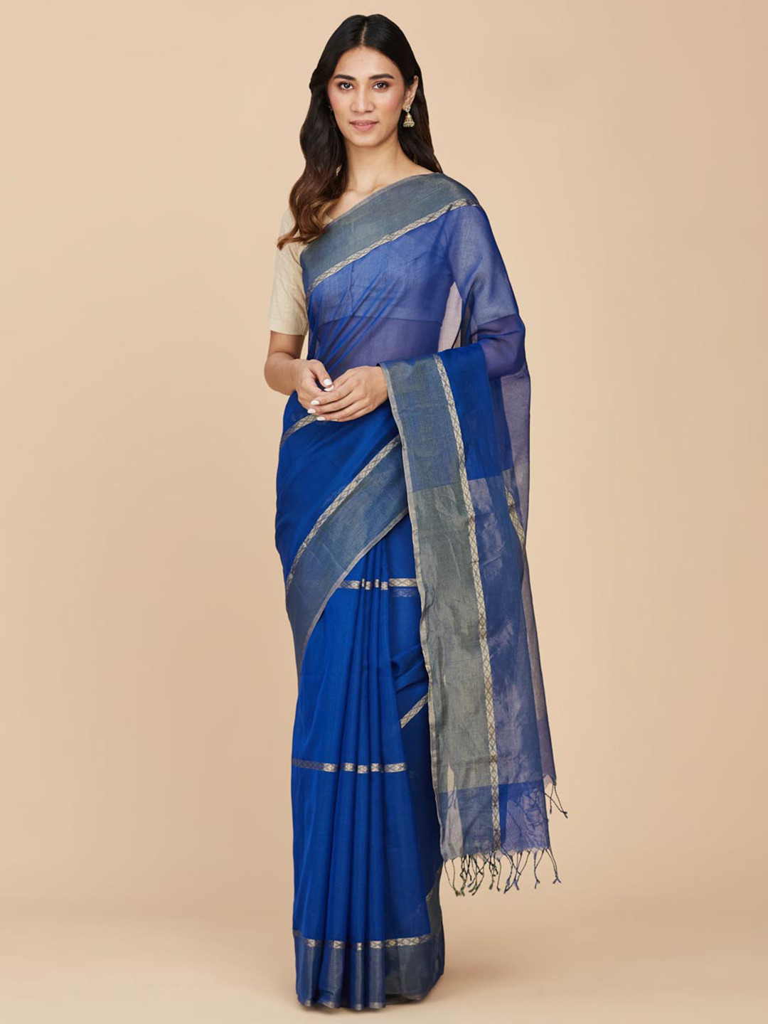 

Fabindia Striped Woven Design Silk Cotton Maheshwari Saree, Blue